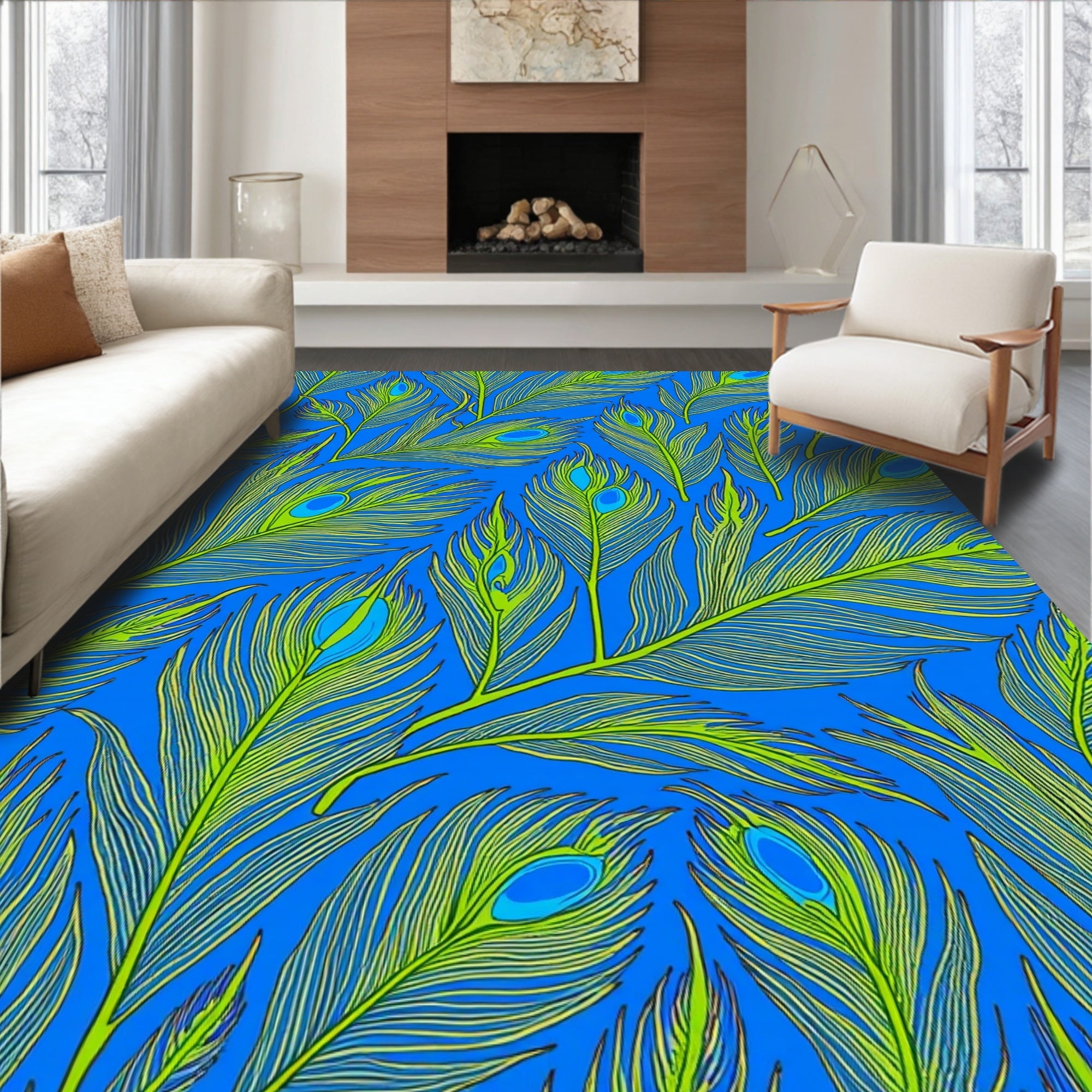 Peacock Feather Pattern Vivid Blue Rug