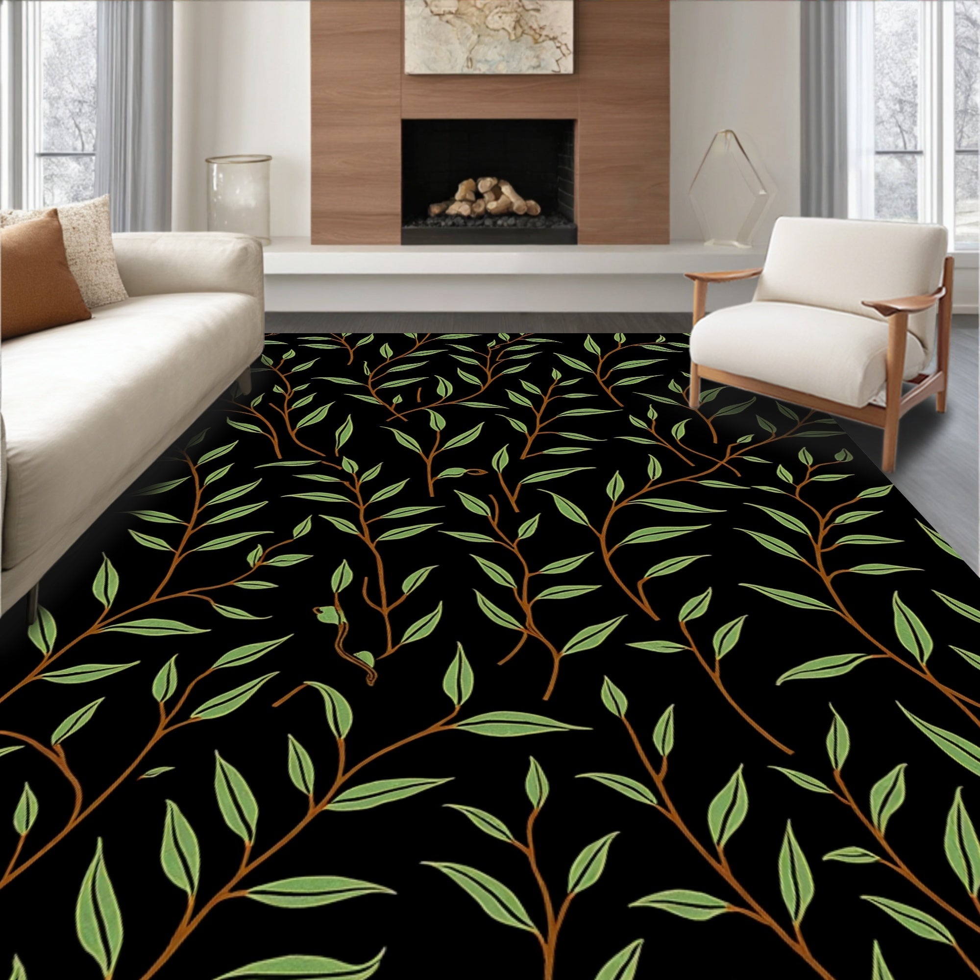 Dark Botanical Leaf Pattern Rug