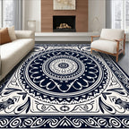 Intricate Black and White Floral Medallion Design Rug