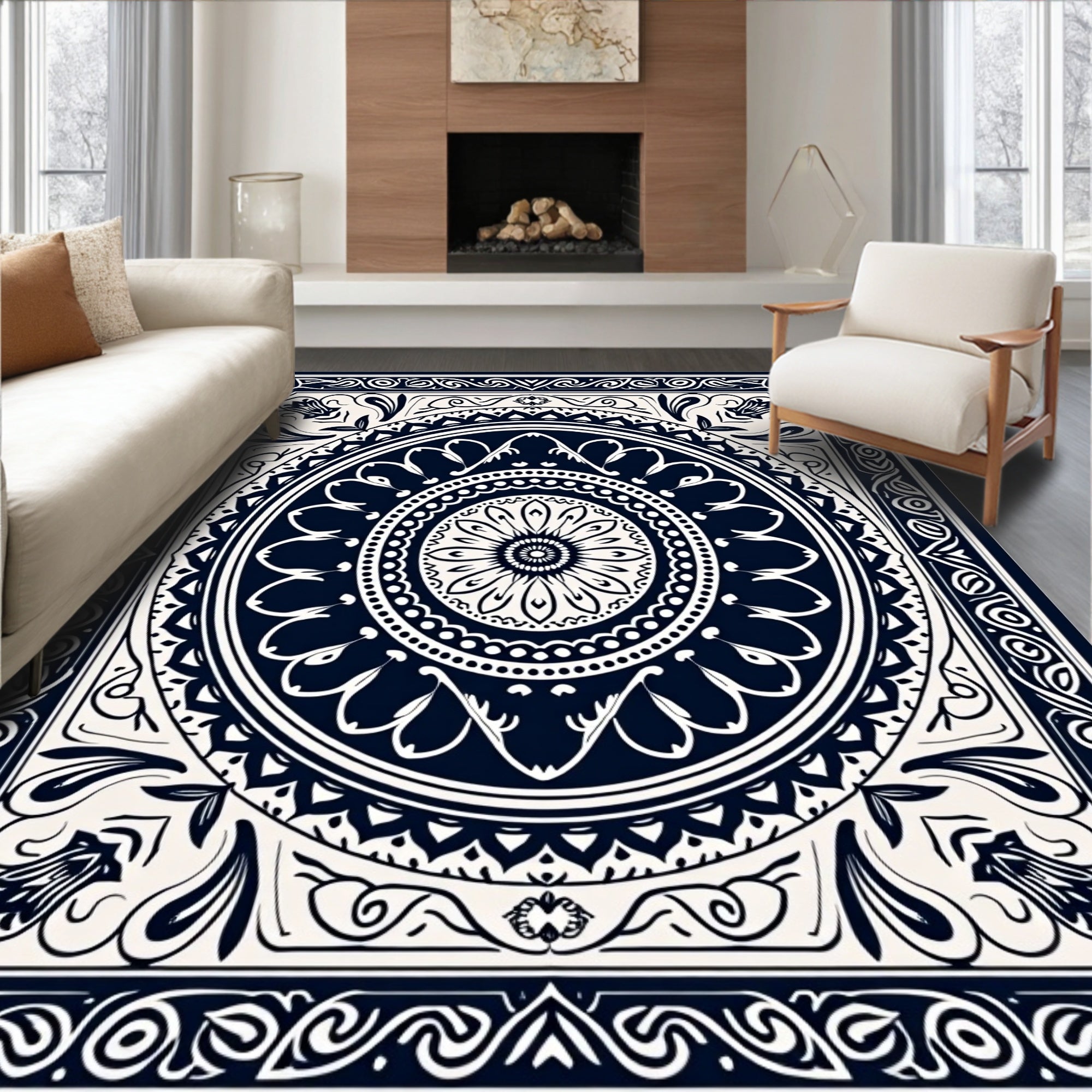 Intricate Black and White Floral Medallion Design Rug
