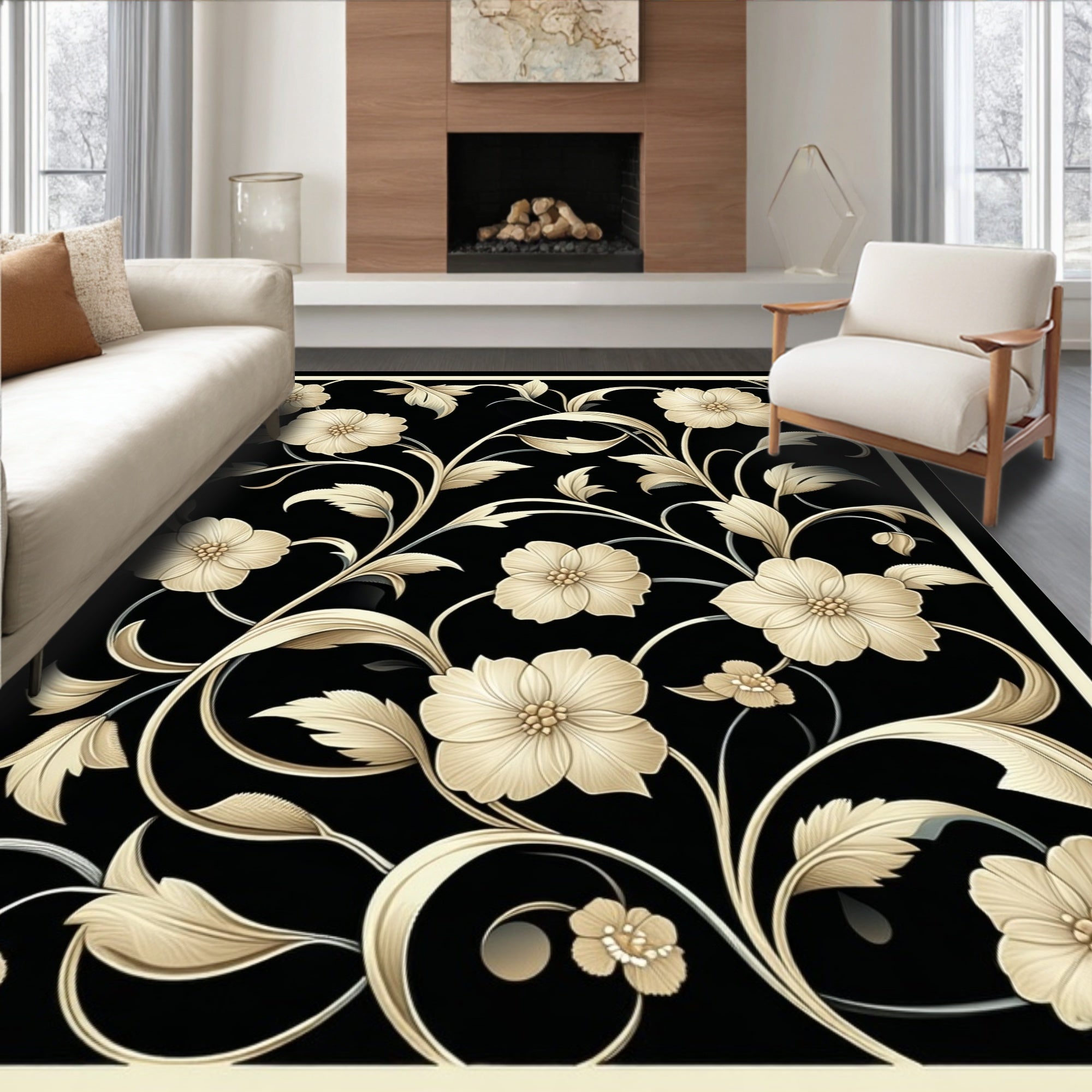 Elegant Floral Vine Botanical Pattern Rug