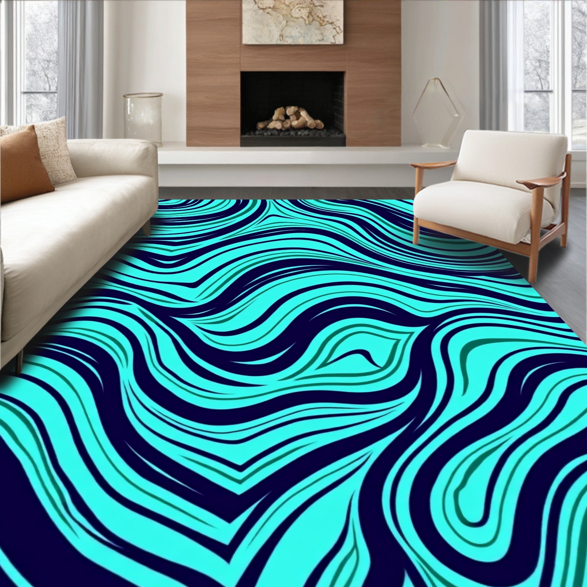 Aqua Navy Swirling Lines Rug