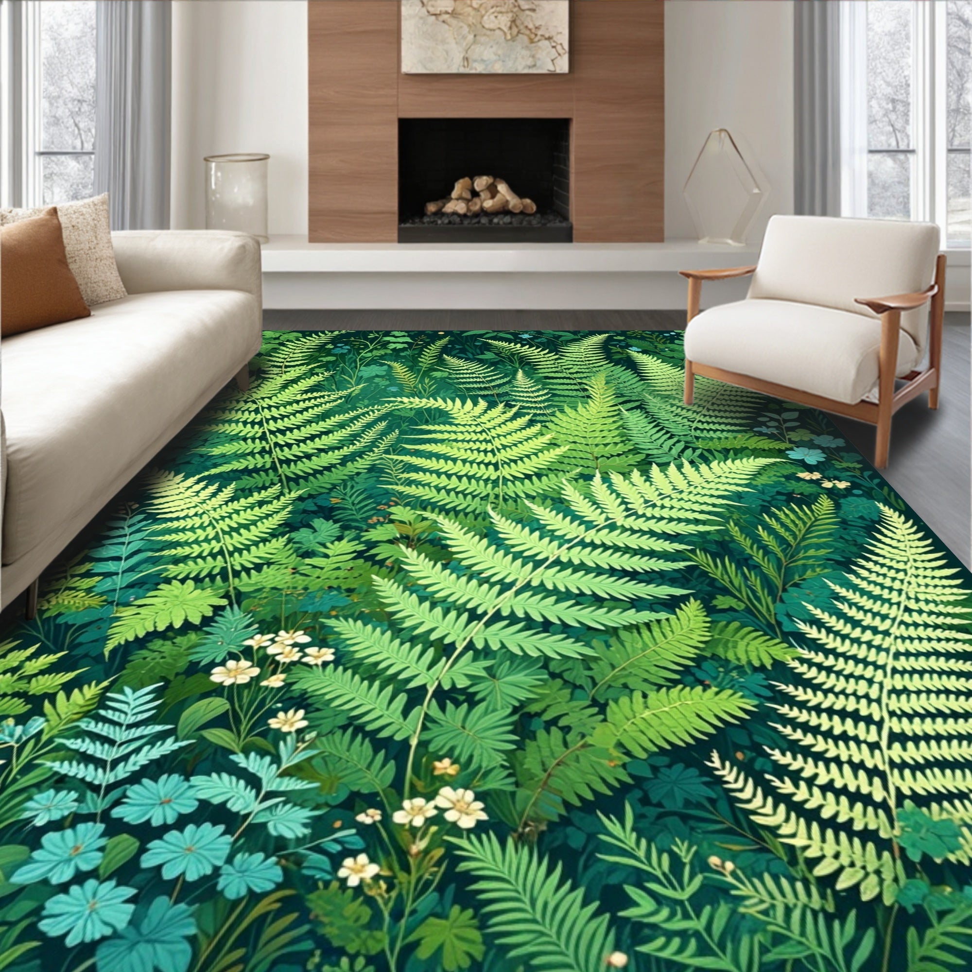 Lush Ferns Wildflowers Verdant Pattern Rug