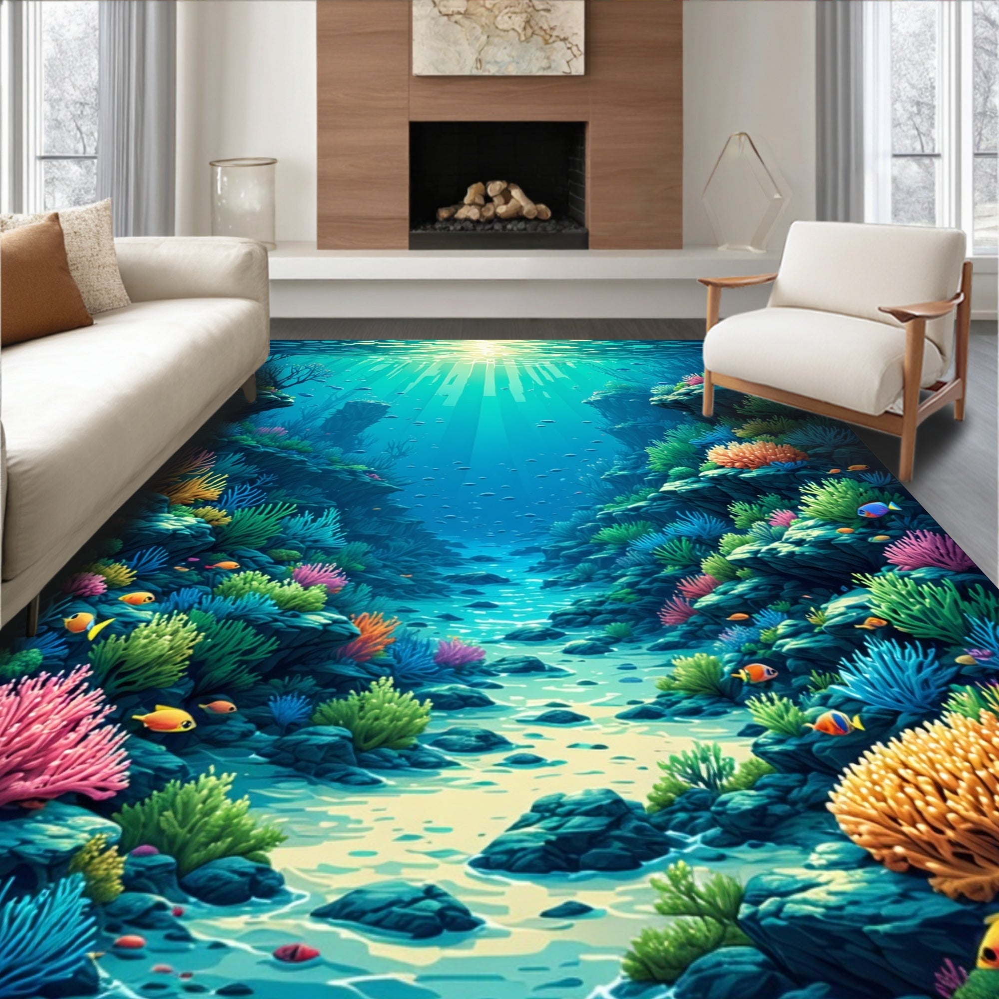 Vibrant Coral Reef Underwater Scenery Rug