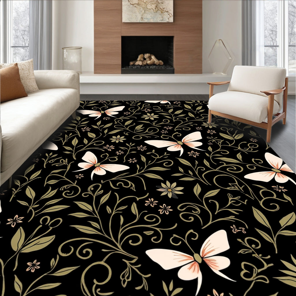 Elegant Butterfly Floral Botanical Design Rug
