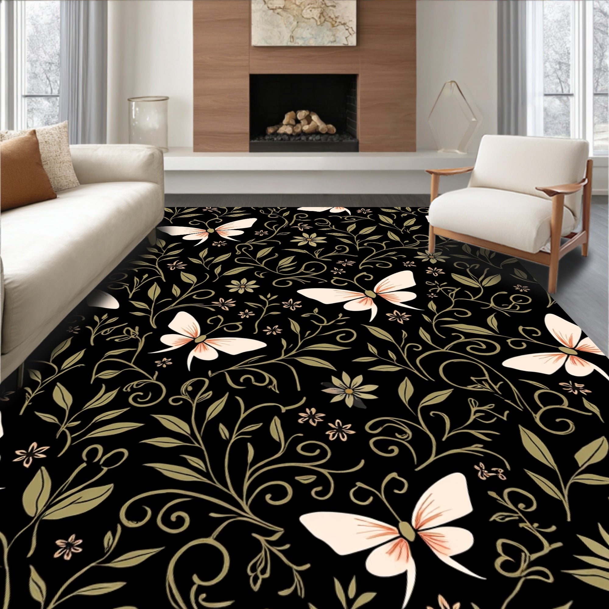 Elegant Butterfly Floral Botanical Design Rug