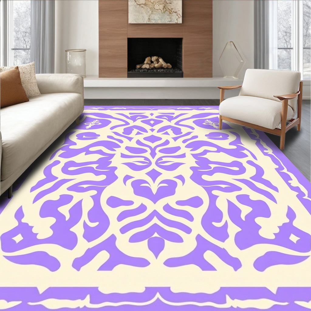 Ornate Lilac Cream Scrollwork Pattern Rug
