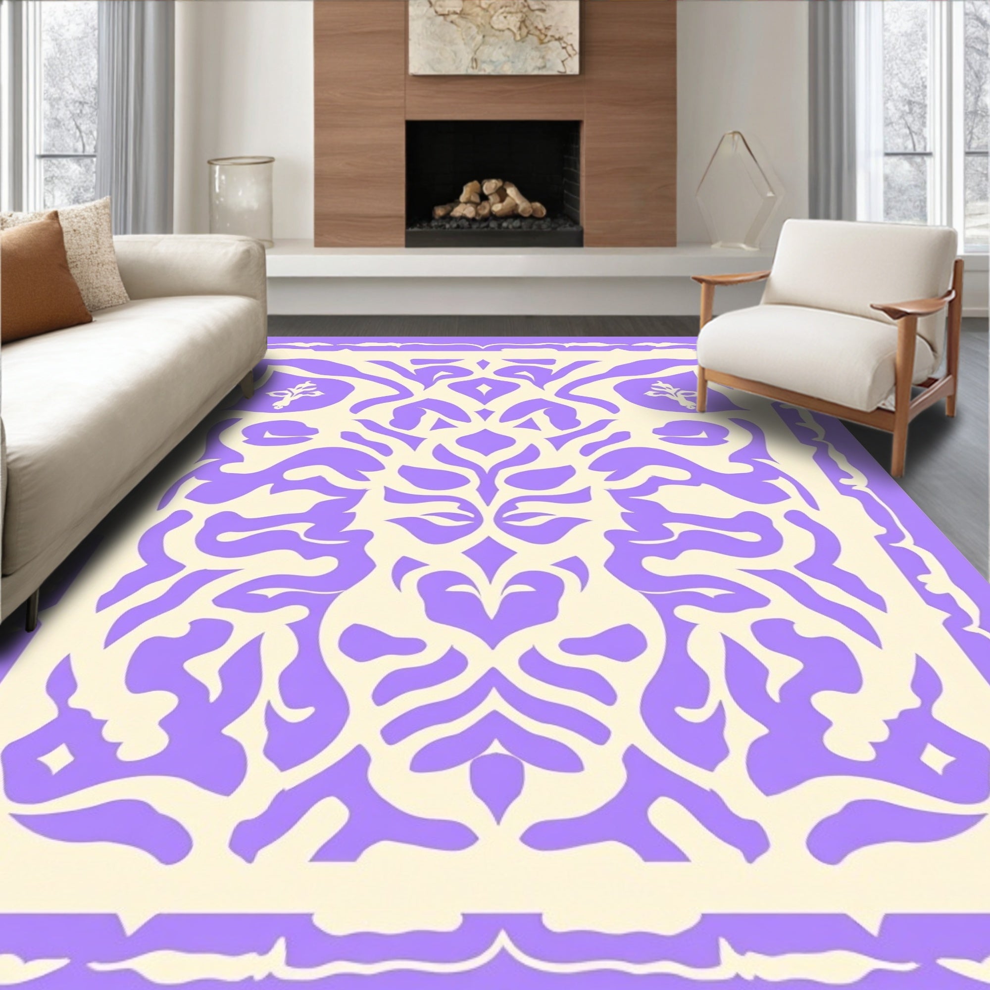 Ornate Lilac Cream Scrollwork Pattern Rug