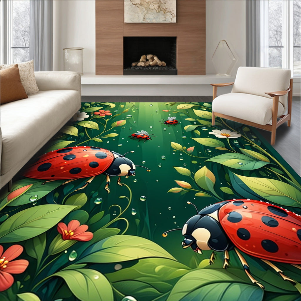 Whimsical Ladybugs Floral Garden Pattern Rug