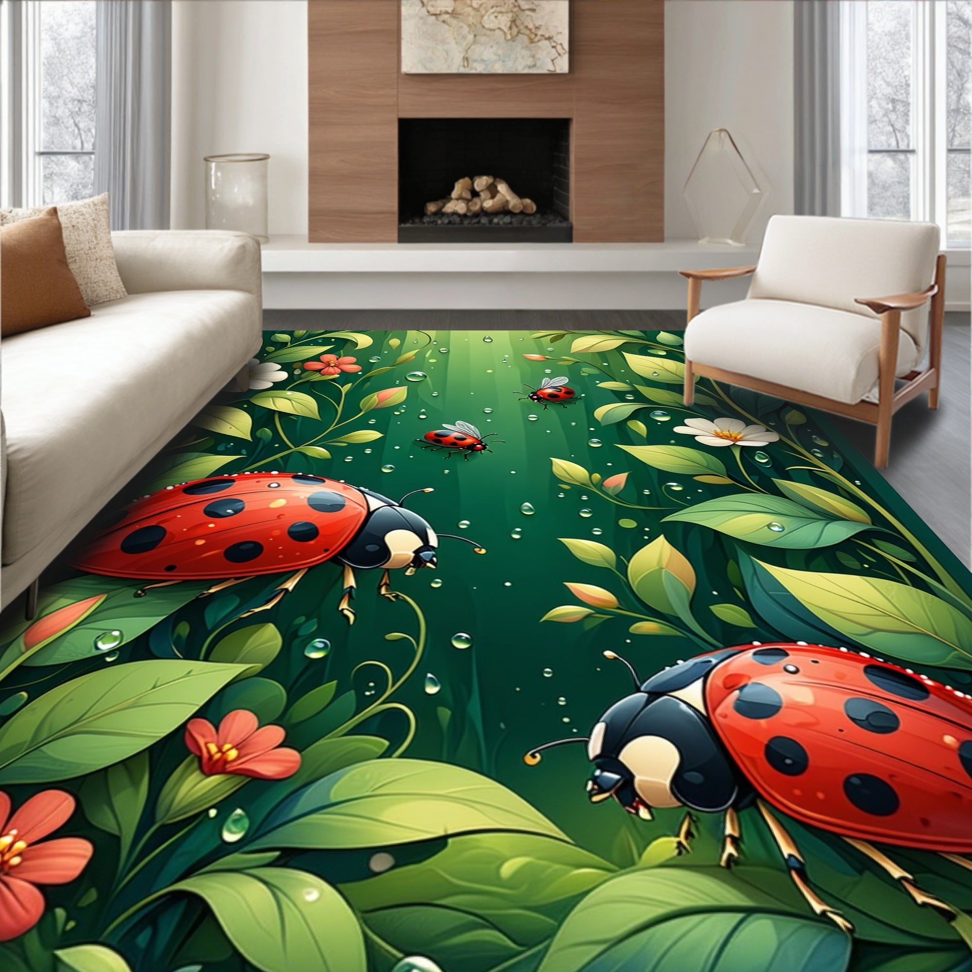 Whimsical Ladybugs Floral Garden Pattern Rug