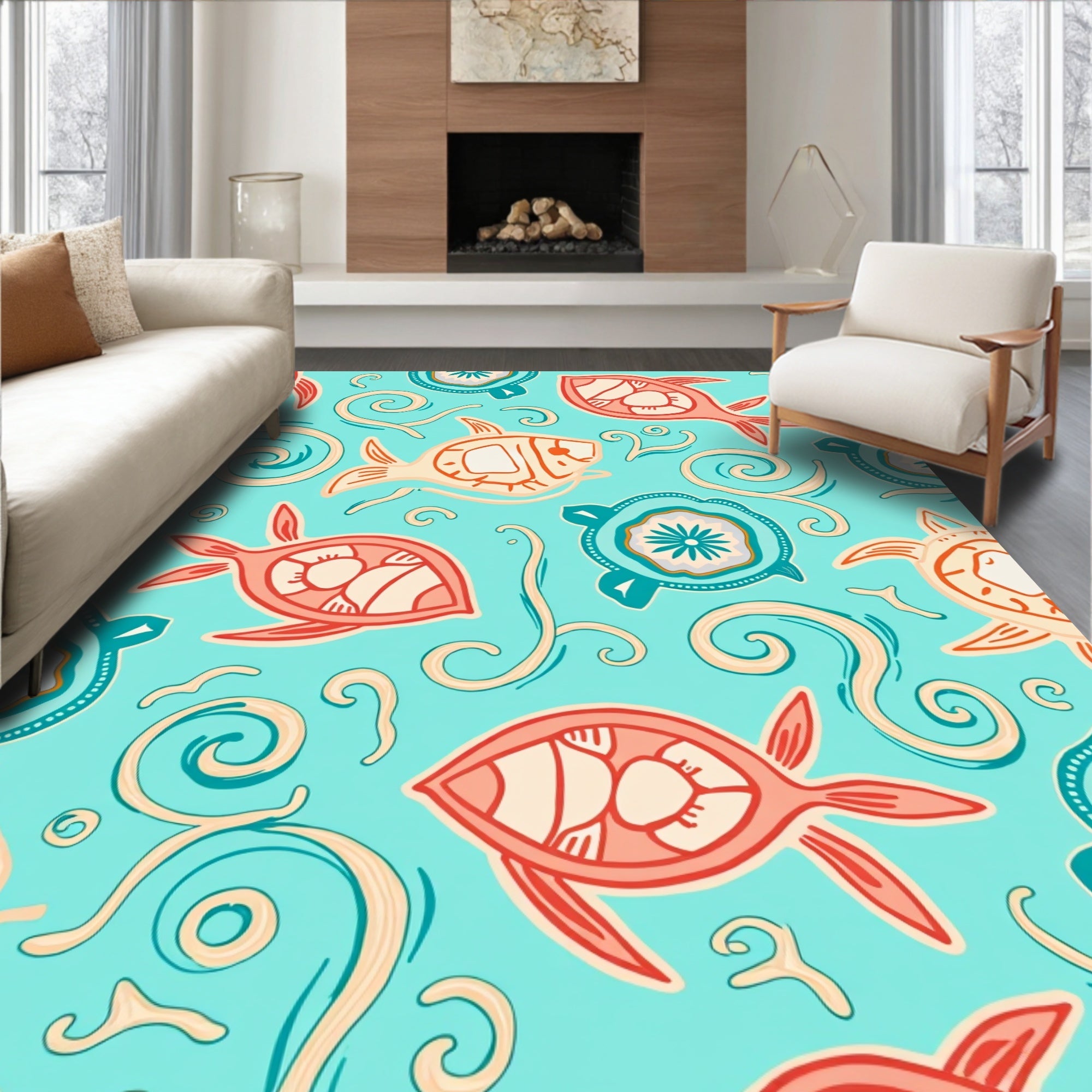 Playful Fish Turtle Swirls Pattern Rug