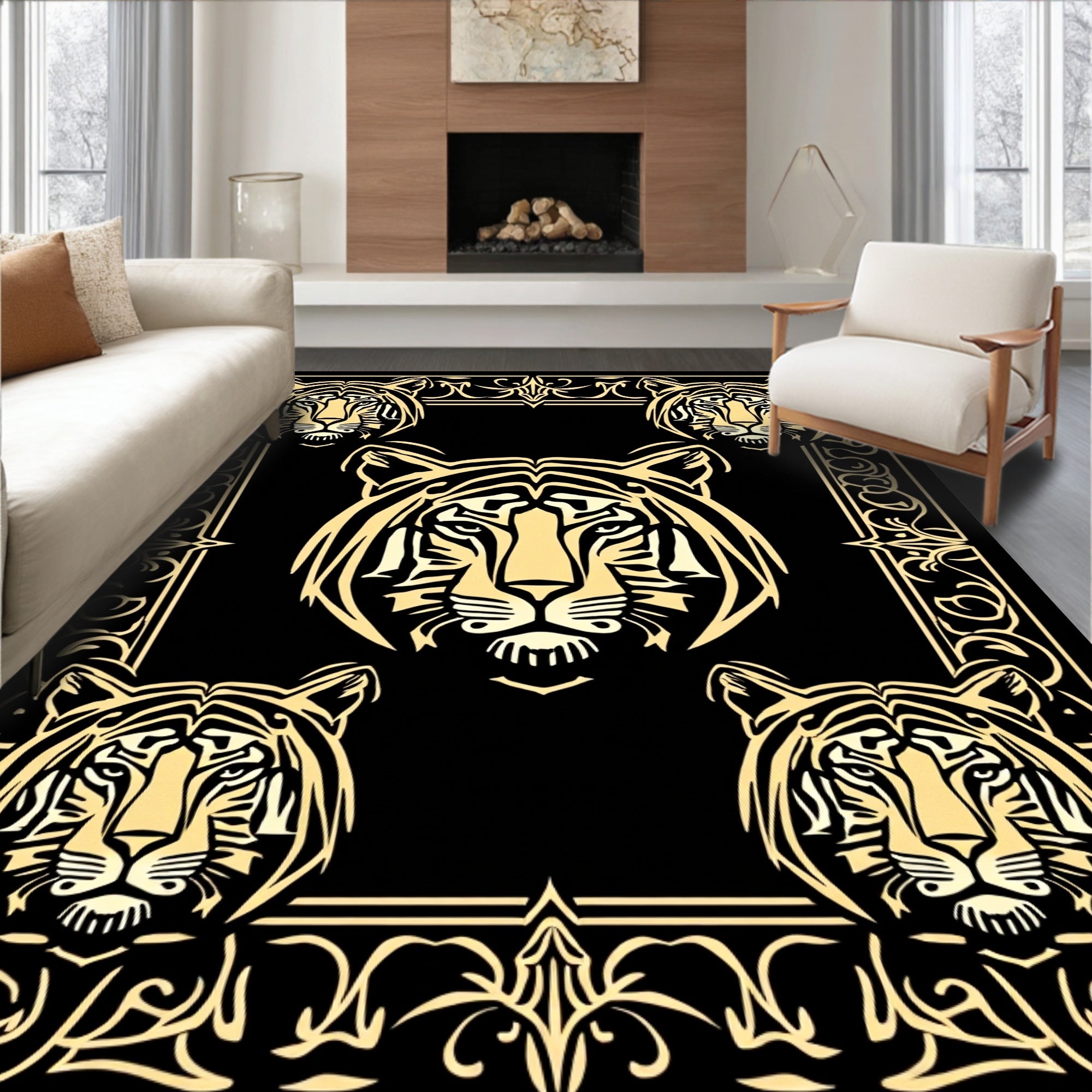 Bold Tiger Faces Within Ornate Frame Rug