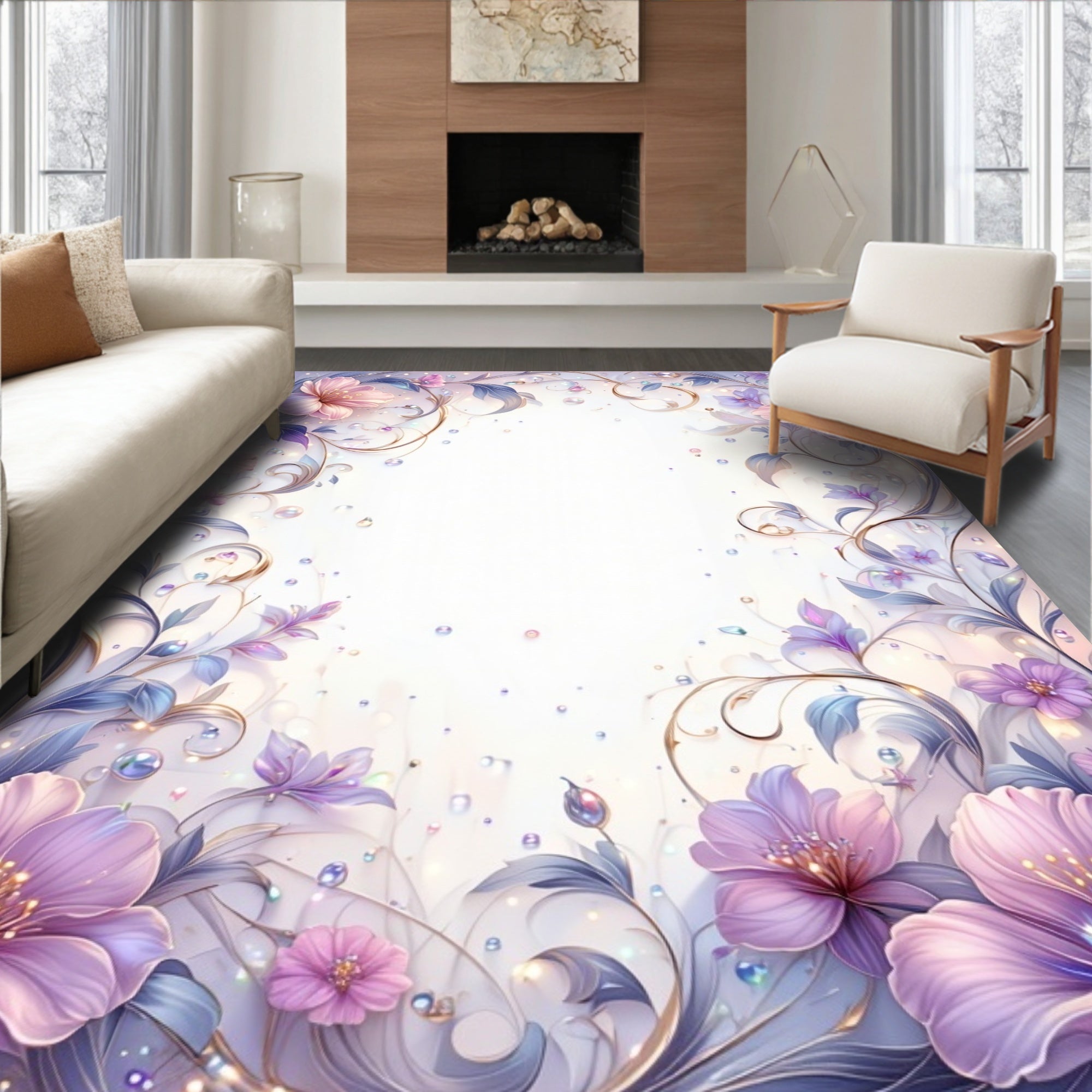 Soft Floral Swirls with Dewdrops Rug
