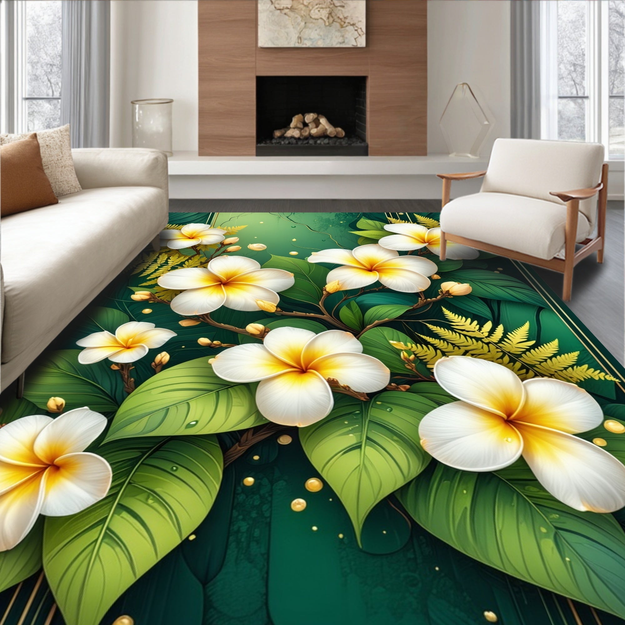 White Tropical Floral Lush Green Design Rug