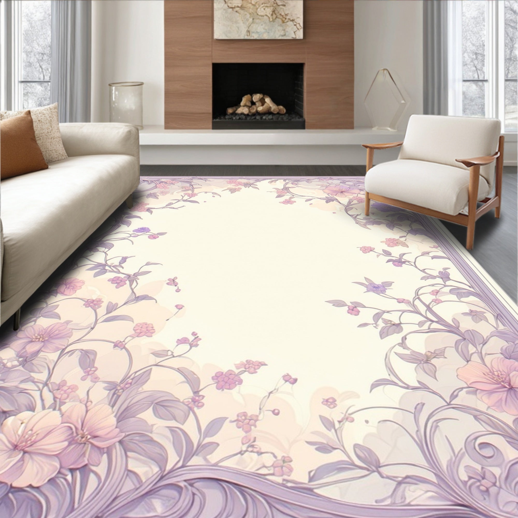Elegant Floral Vine Lavender Border Rug