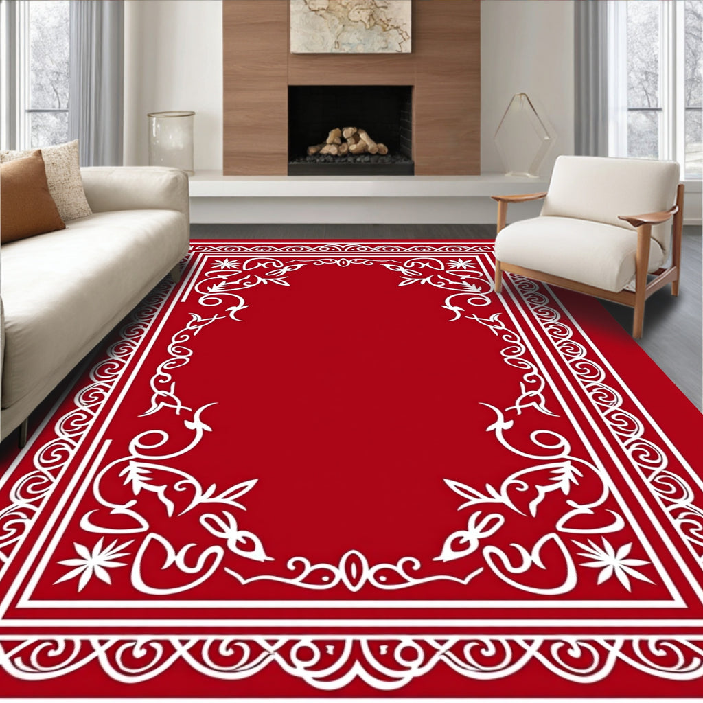 Elegant Red White Floral Scroll Border Rug