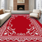 Elegant Red White Floral Scroll Border Rug