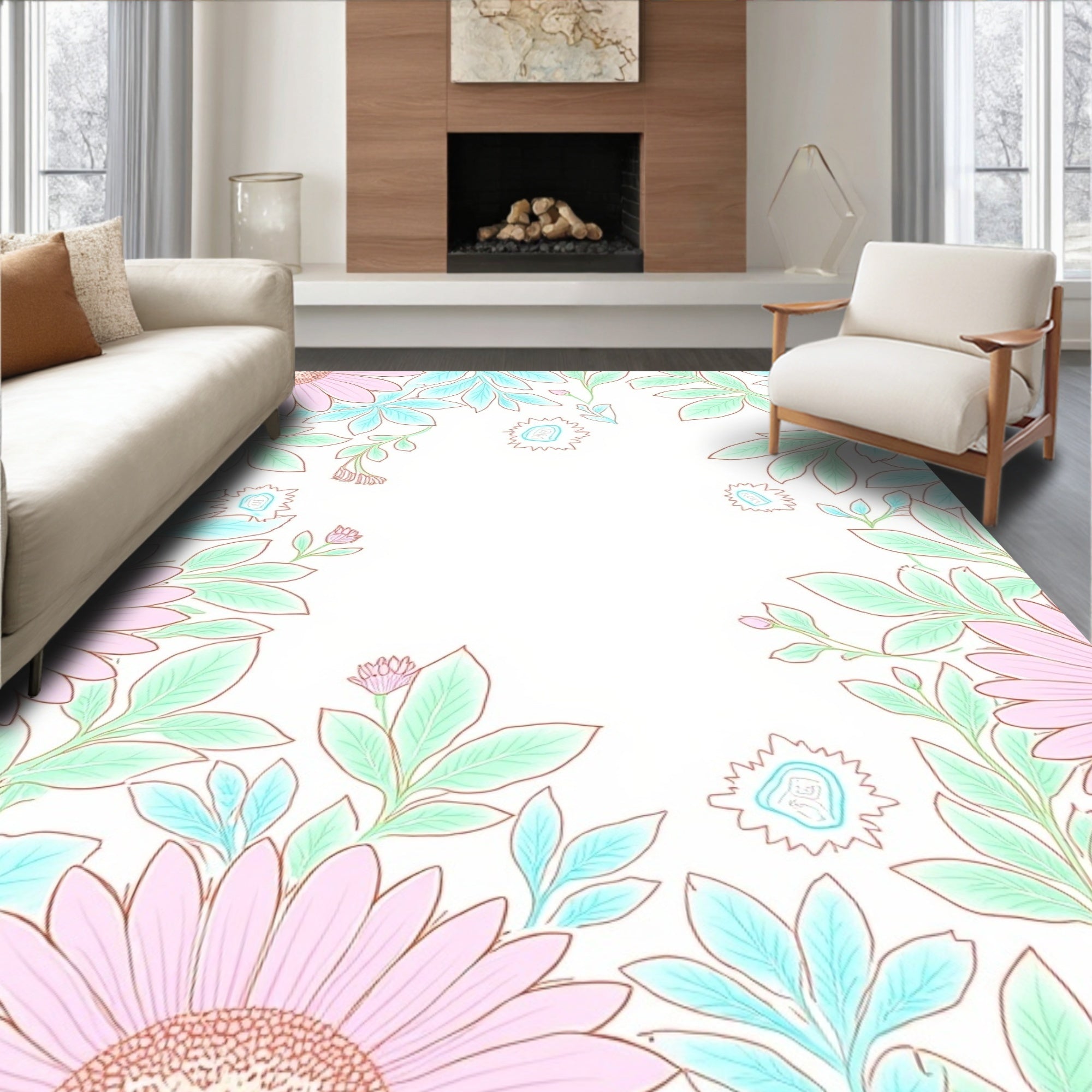 Pink Teal Floral Vines Rug