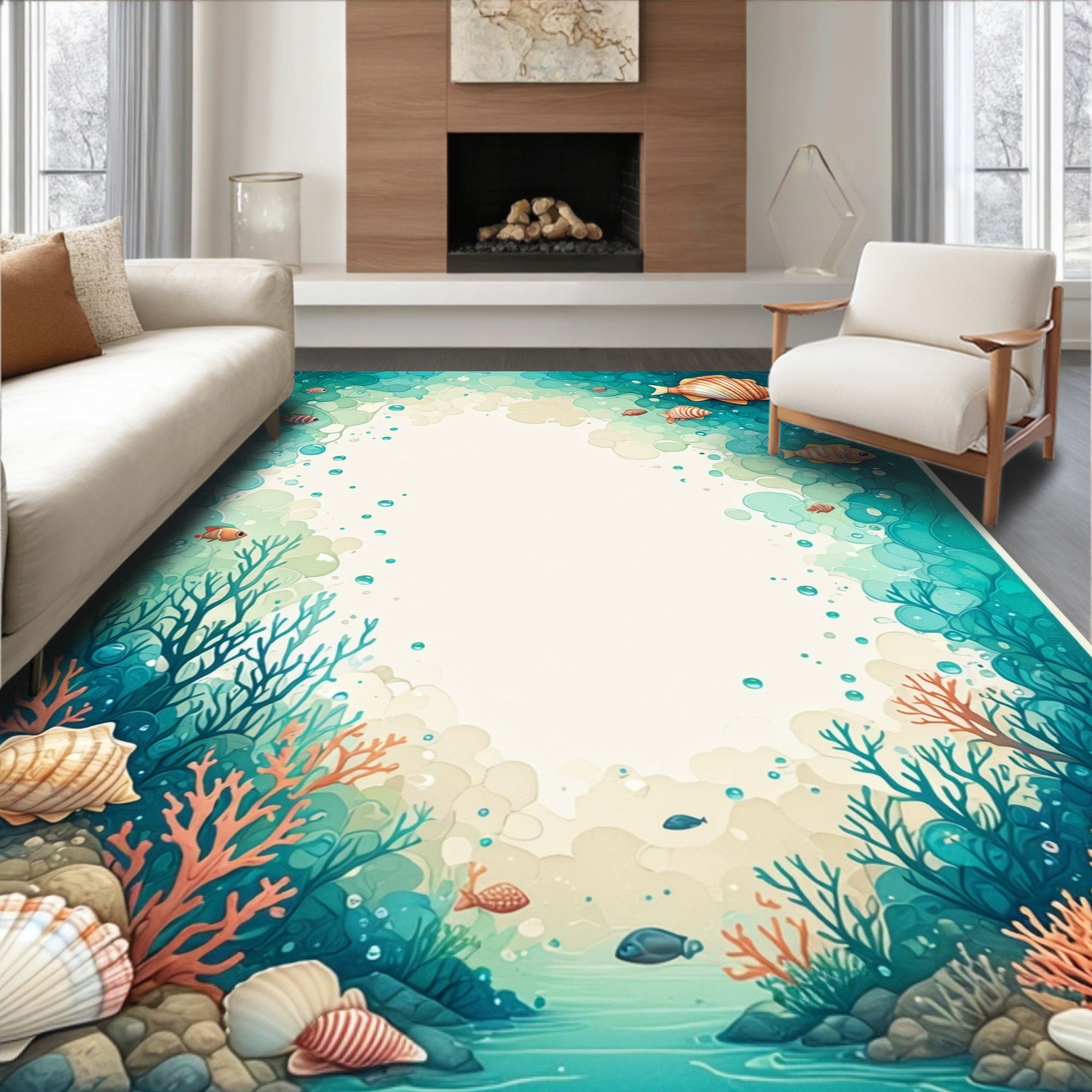 Ocean Life Fish Coral Shell Pattern Rug