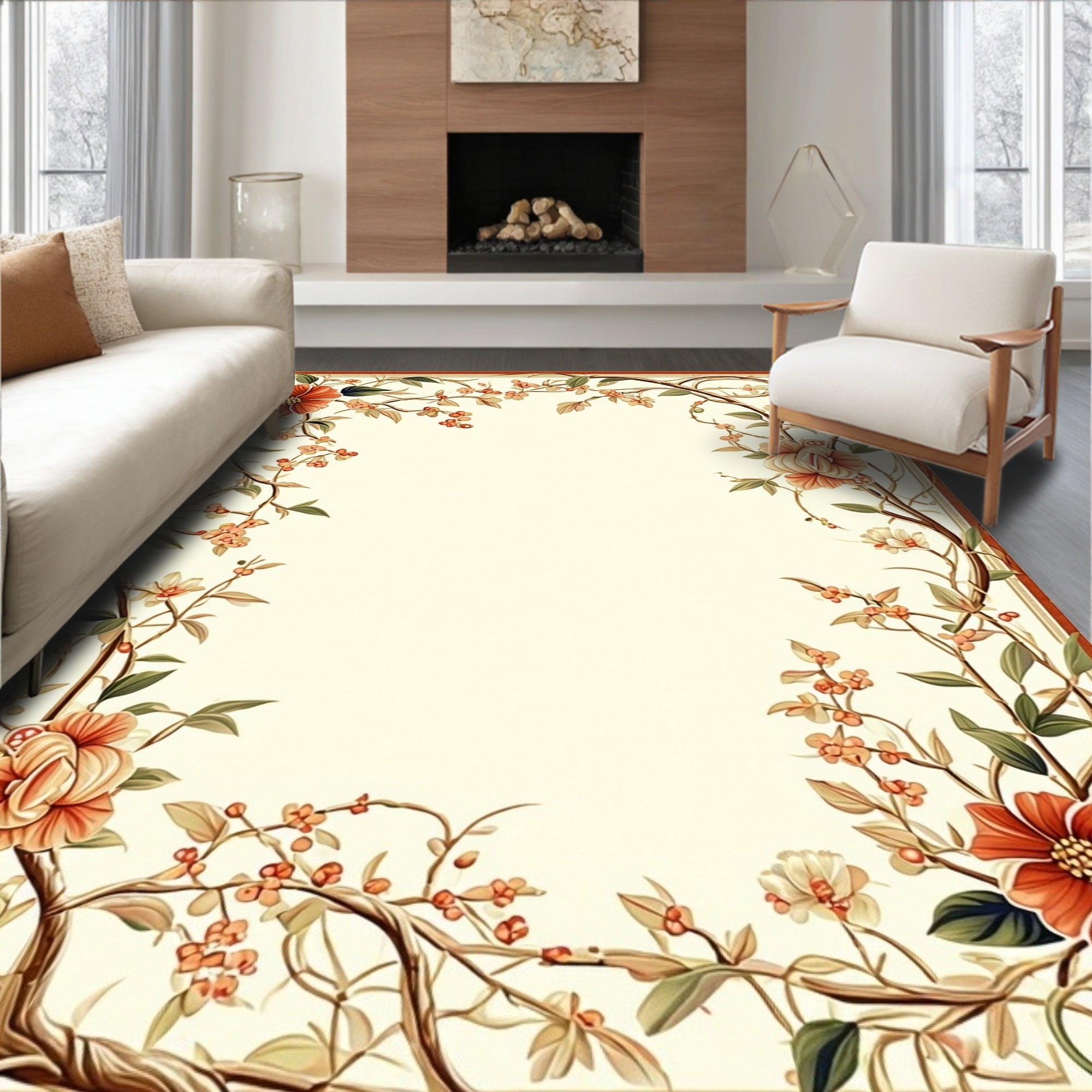 Floral Vine Ornate Border Design Rug