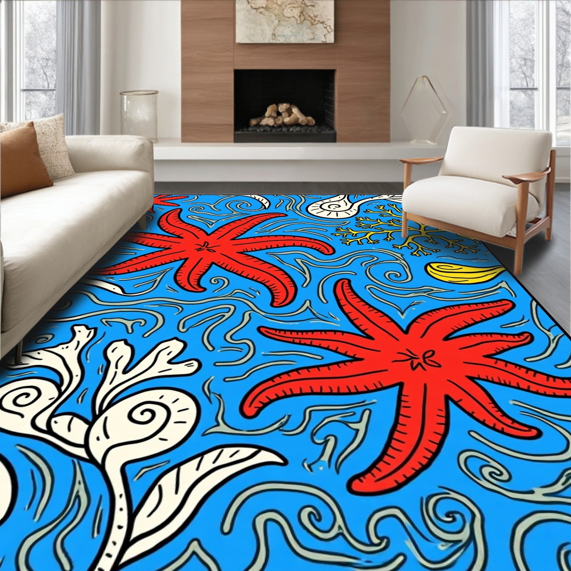 Ocean Starfish Coral Waves Design Rug