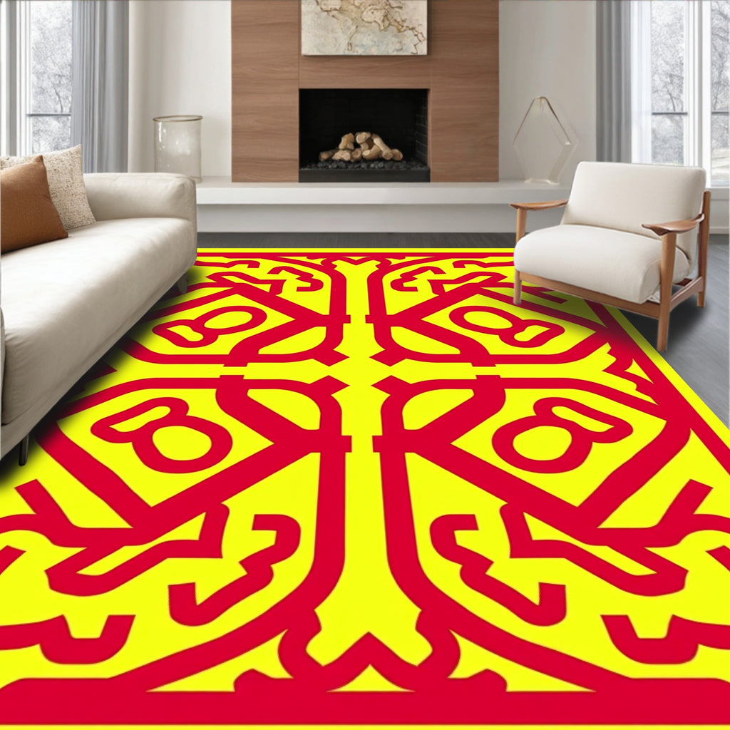 Bold Geometric Symmetry Red Yellow Rug