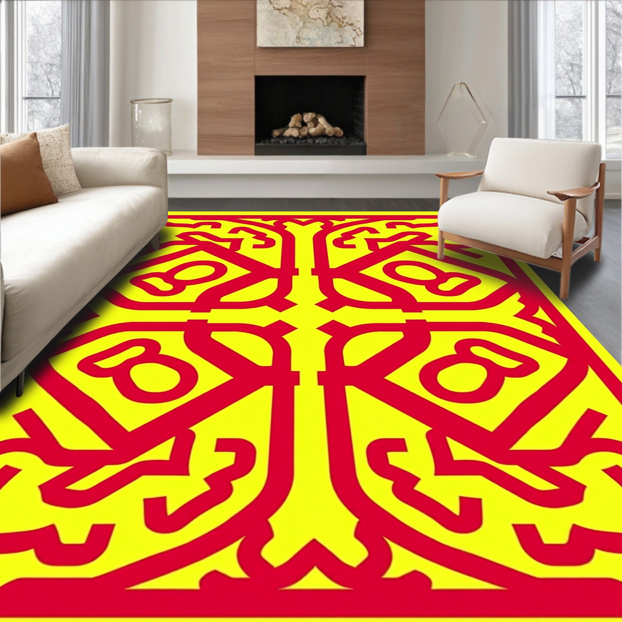 Bold Geometric Symmetry Red Yellow Rug