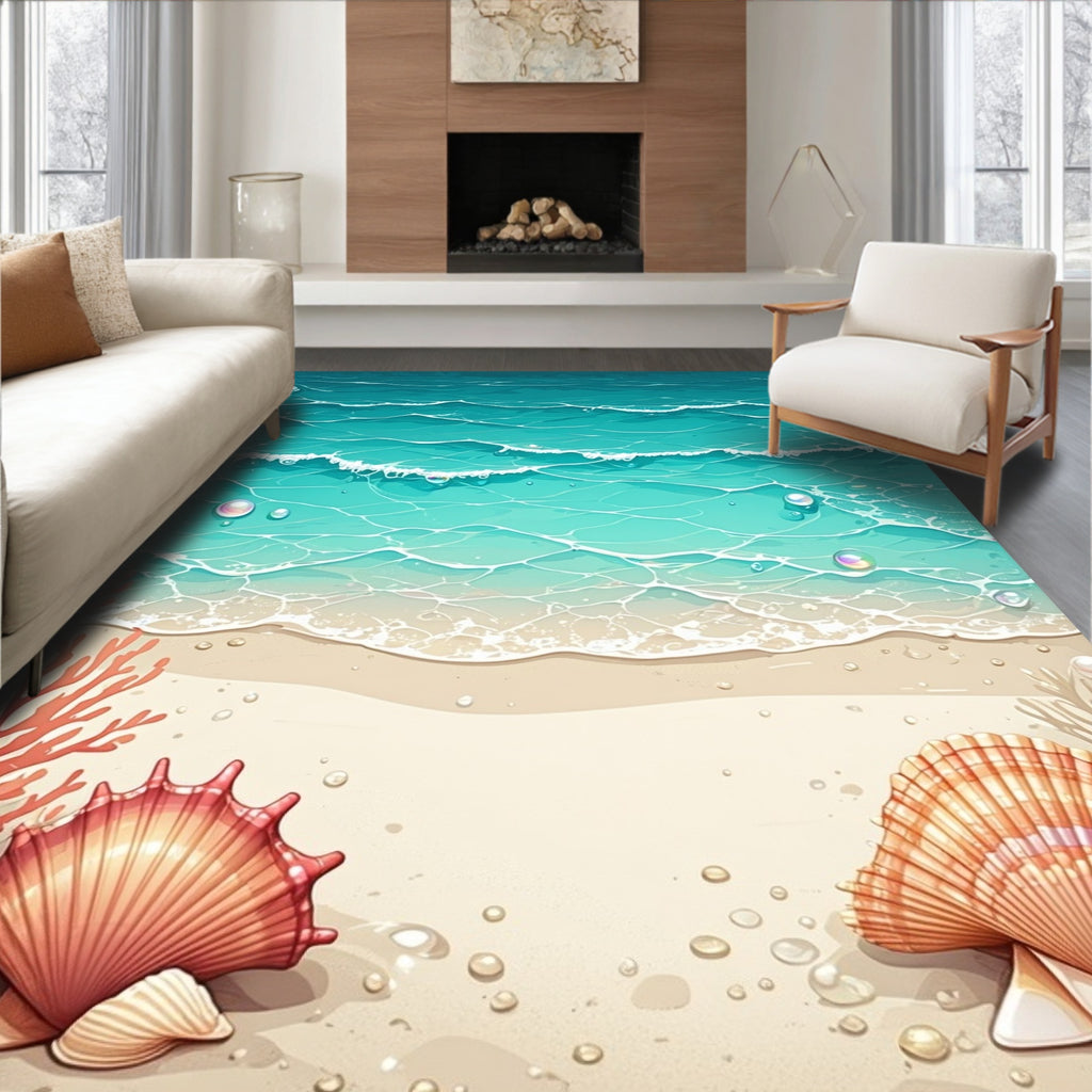 Coastal Beach Scene With Seashells Rug
