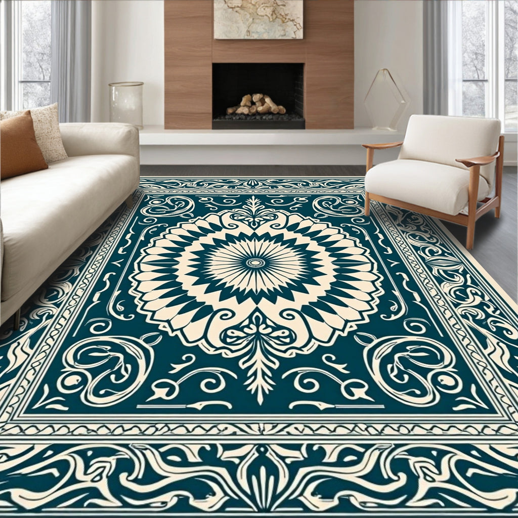 Ornate Teal Cream Mandala Pattern Rug