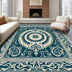 Ornate Teal Cream Mandala Pattern Rug