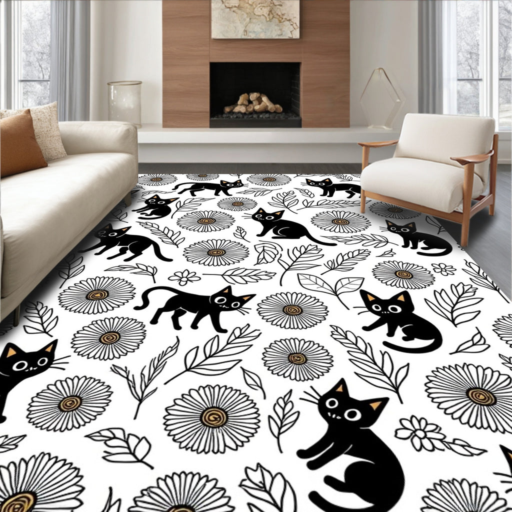 Black Cats Daisies Patterned Rug