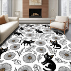 Black Cats Daisies Patterned Rug