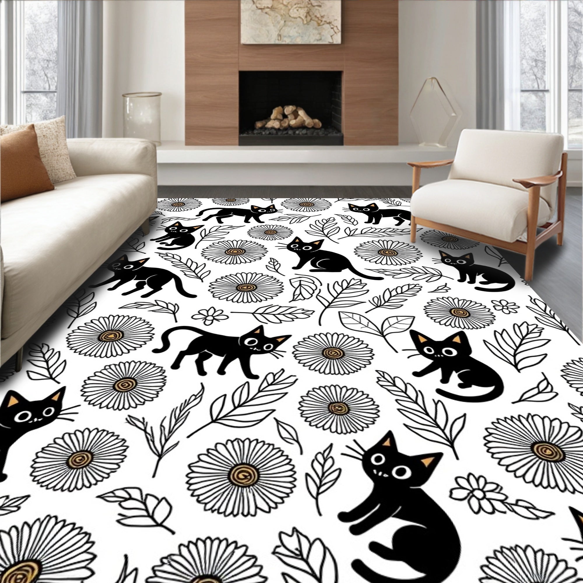 Black Cats Daisies Patterned Rug