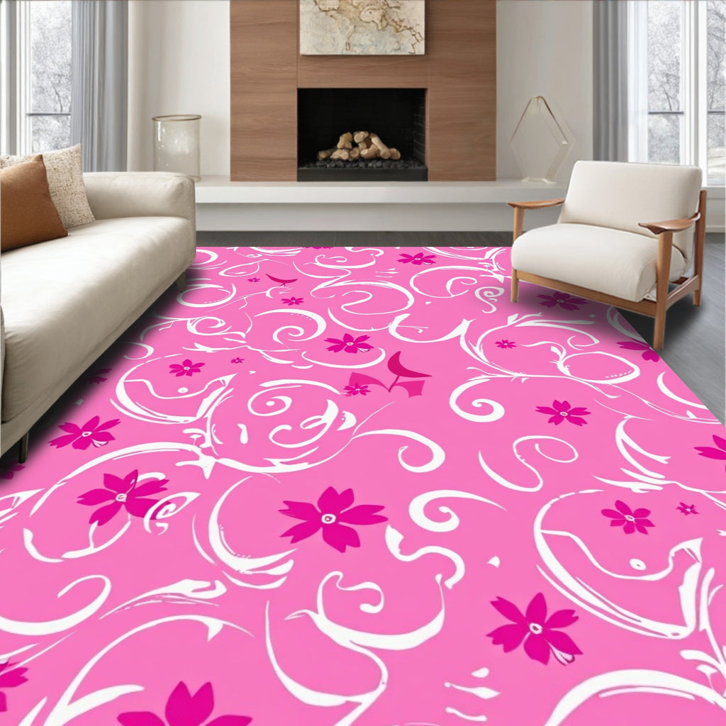 Bright Pink Swirls and Flowers Pattern Rug