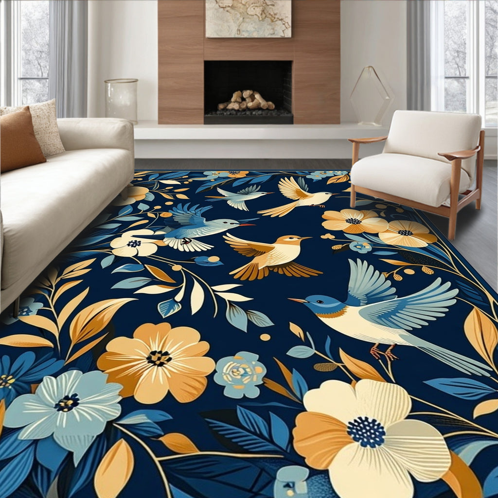 Birds Amidst Floral Blooming Garden Design Rug
