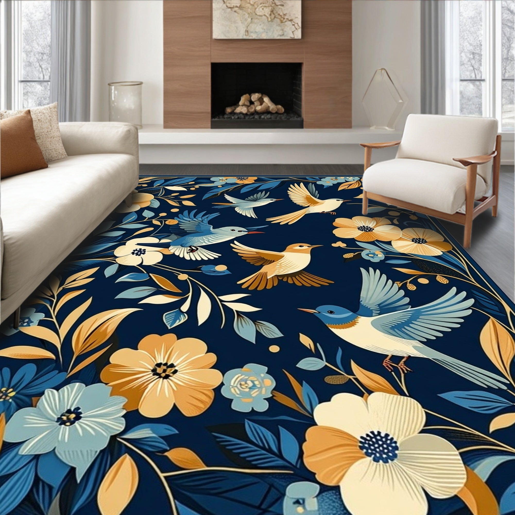 Birds Amidst Floral Blooming Garden Design Rug