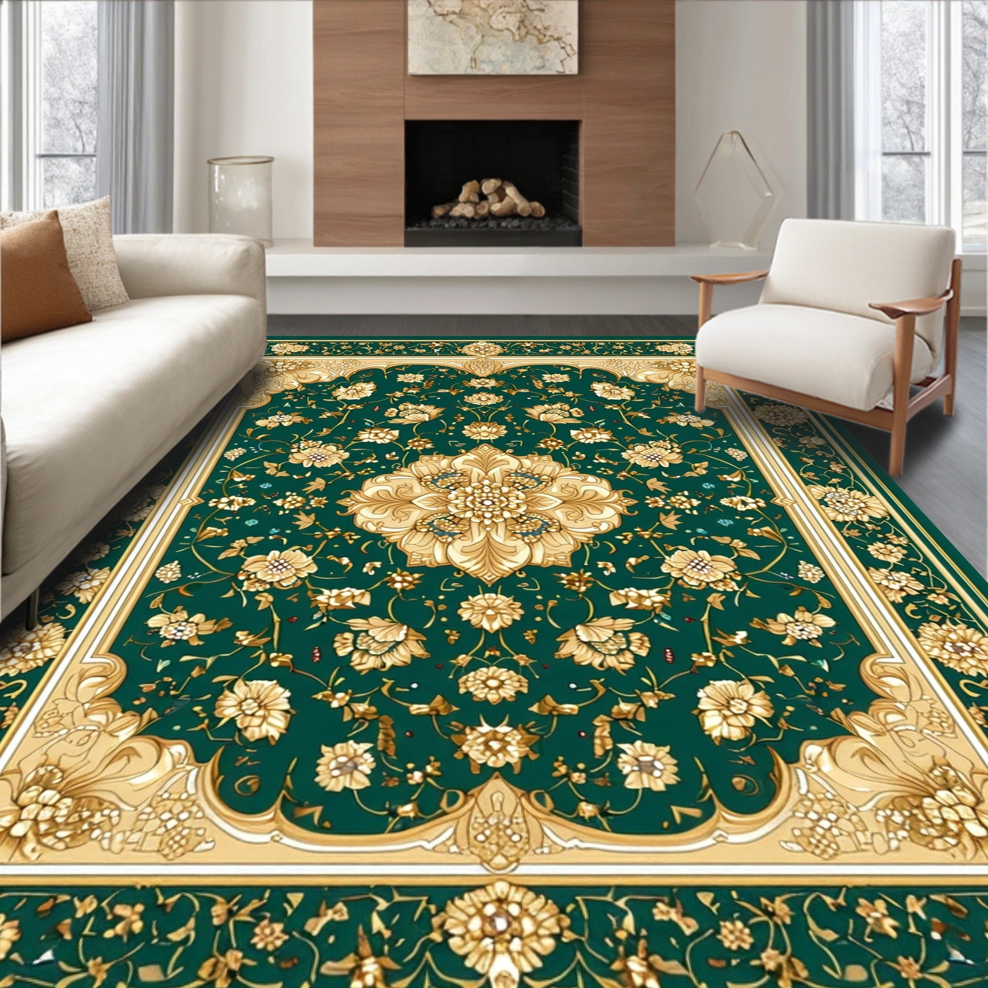 Green and Gold Floral Medallion Rug