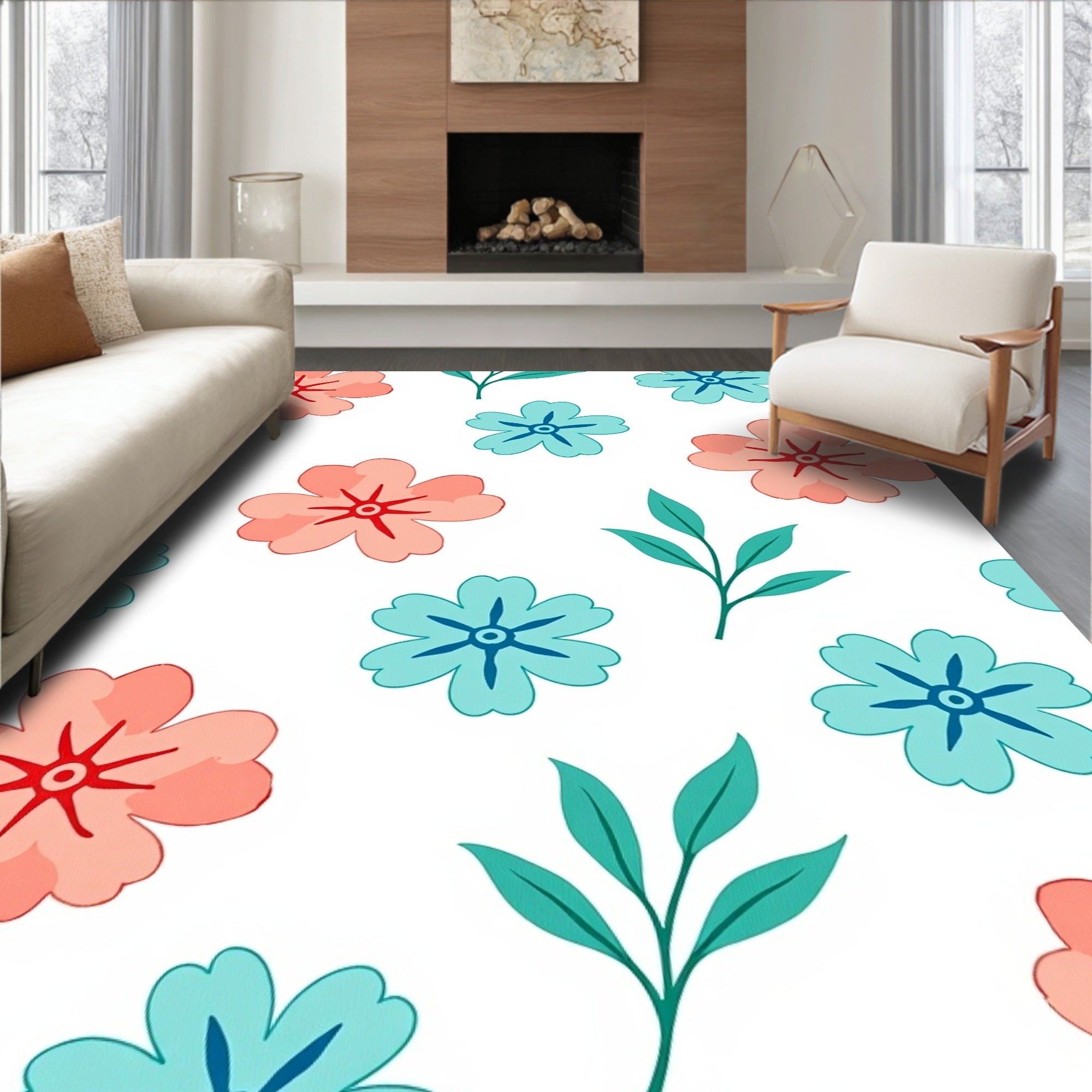 Coral Teal Blossom Pattern Rug