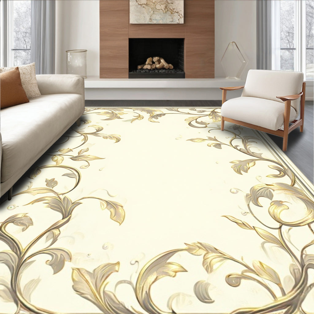 Elegant Golden Leaf Scroll Pattern Rug