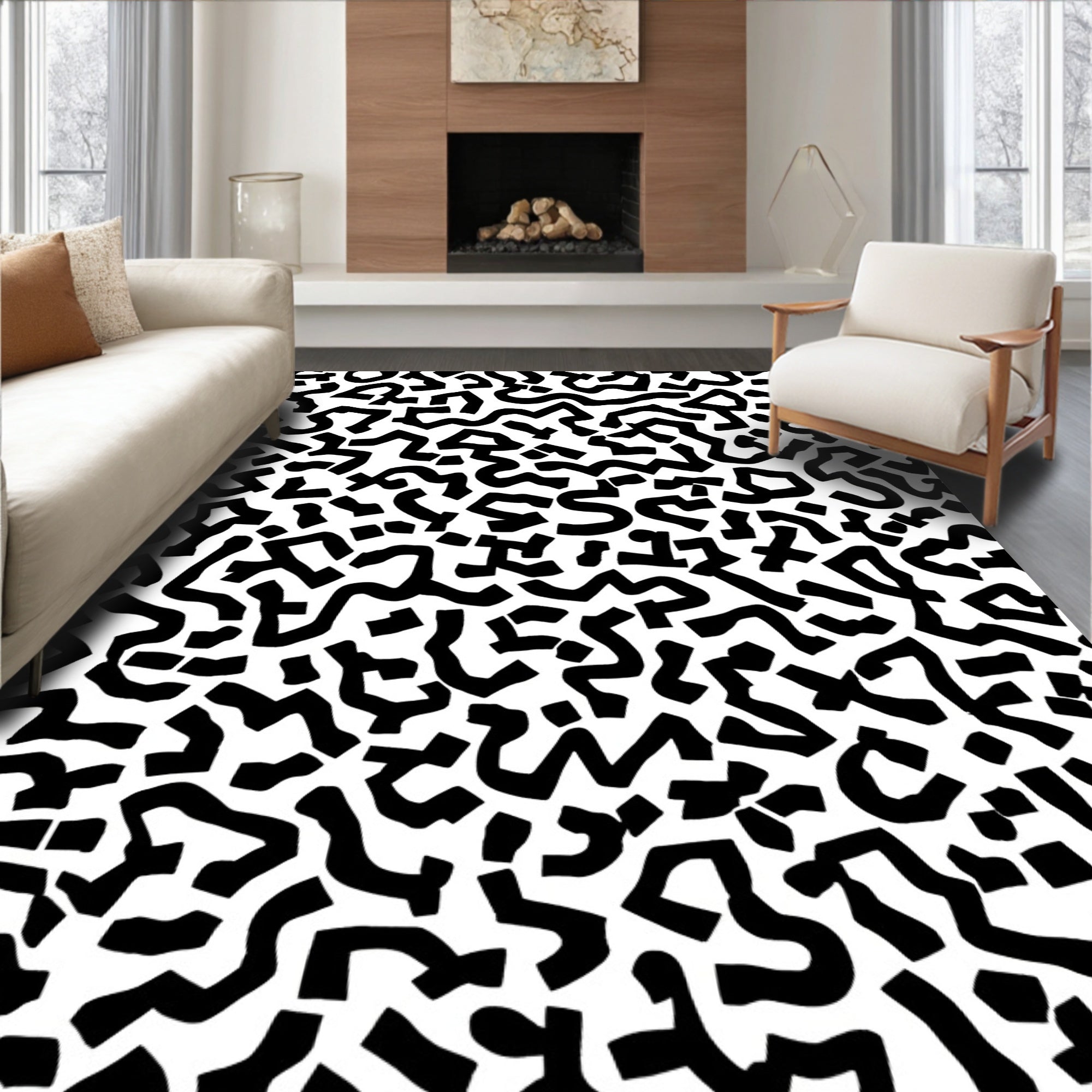 Abstract Black White Wavy Shapes Rug