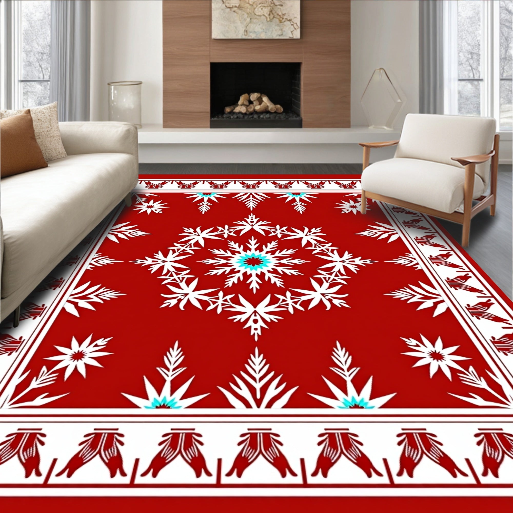 Striking Red White Starburst Motif Rug