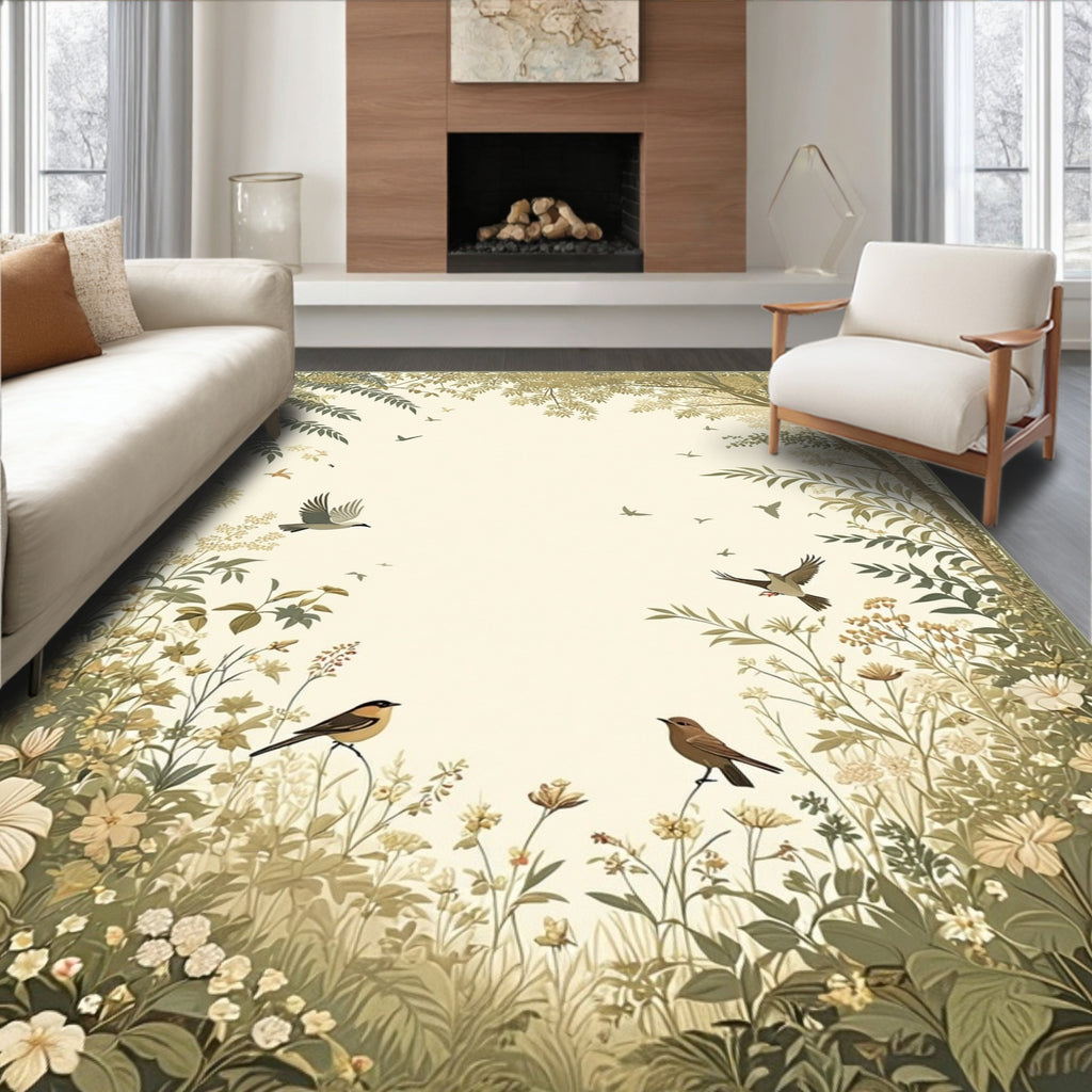 Enchanted Meadow Bird Floral Scene Rug