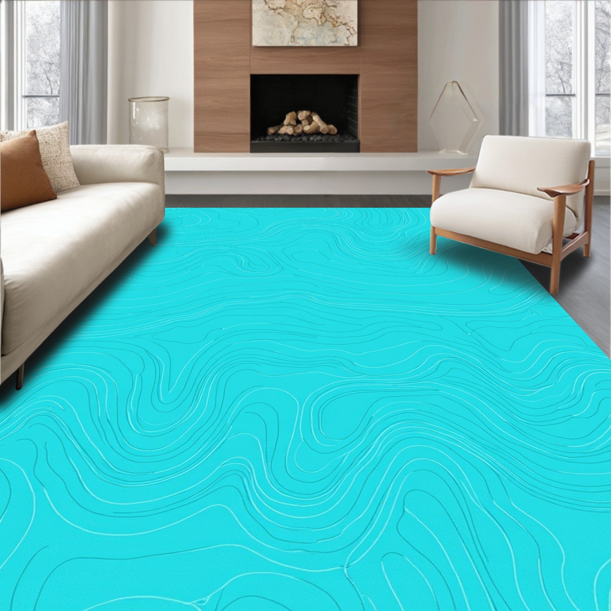 Aqua Contour Line Topographic Rug