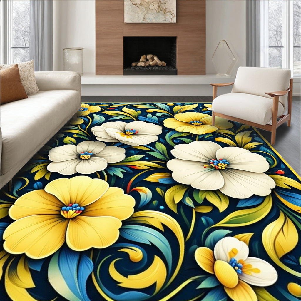 Bold Floral Design with Yellow and White Blooms Rug