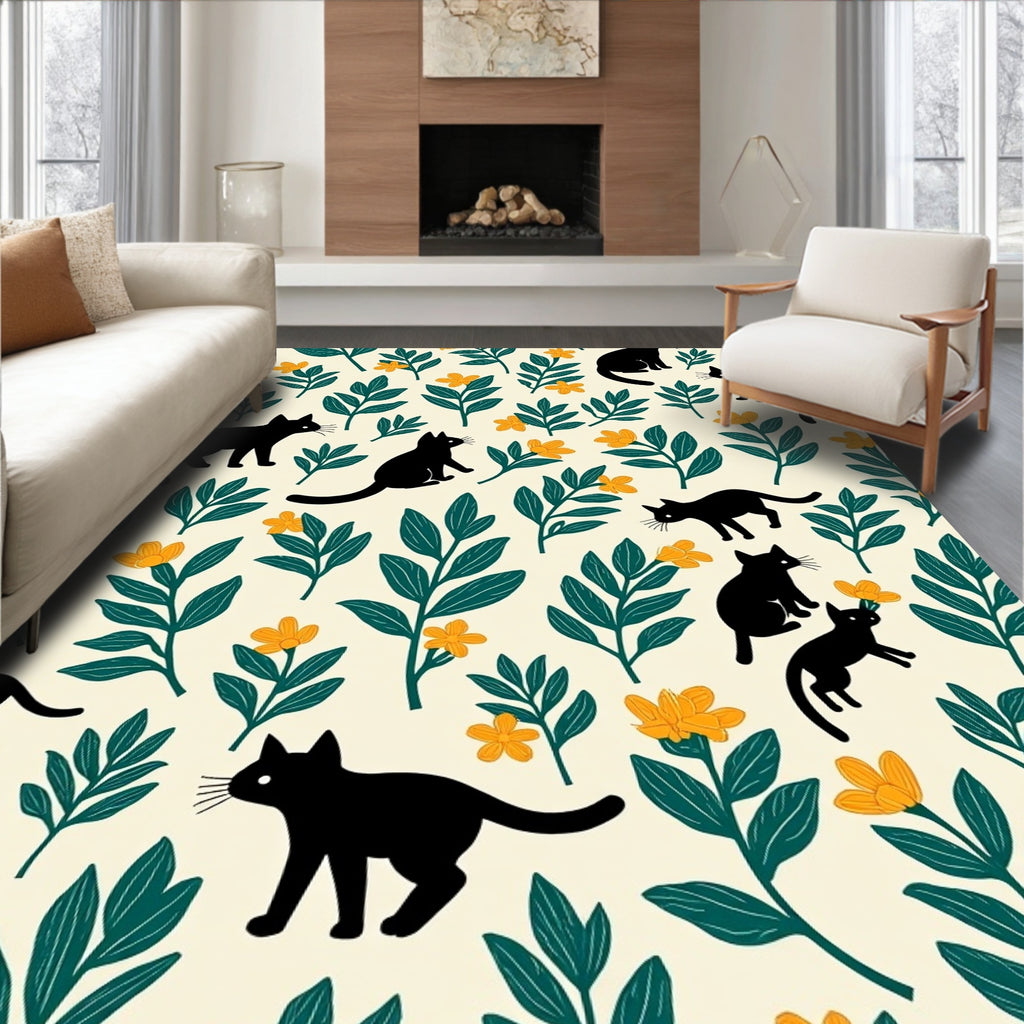 Whimsical Black Cats Orange Flowers Pattern Rug