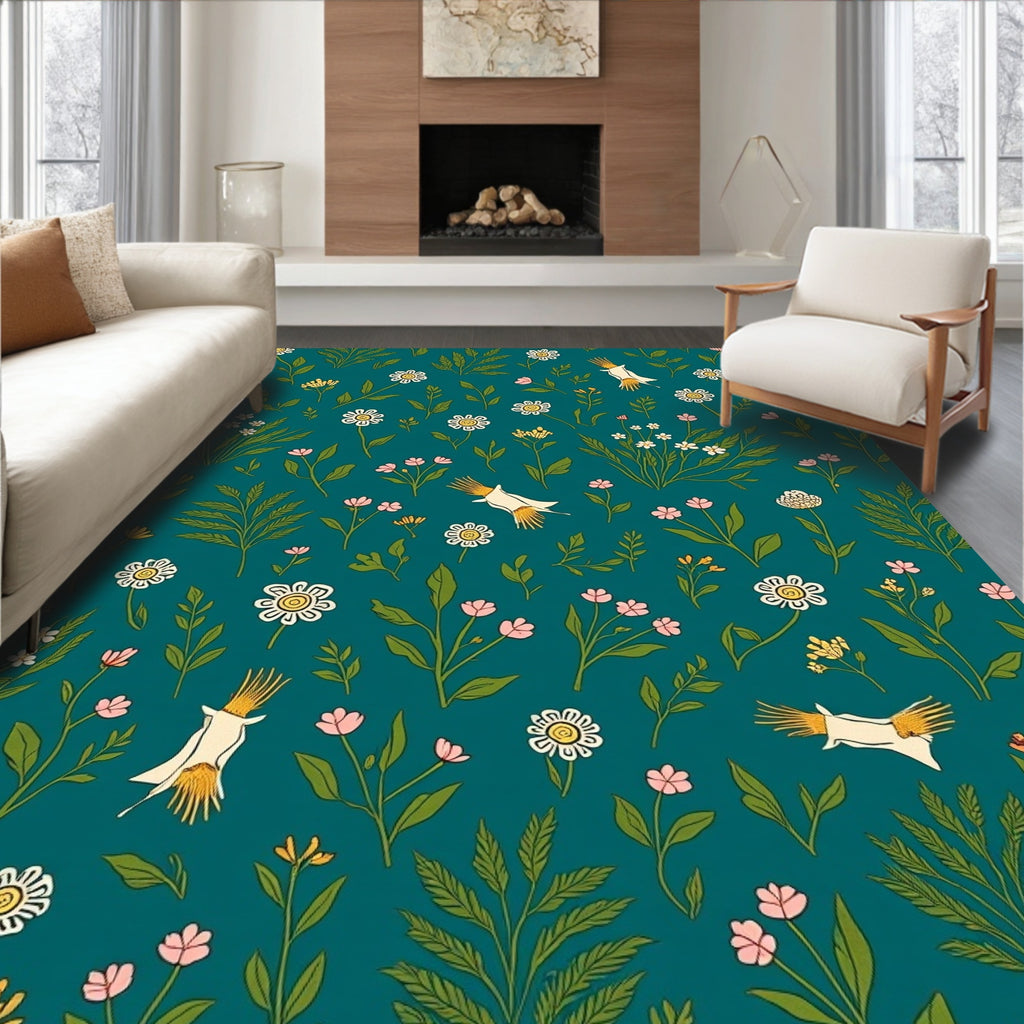 Whimsical Birds Flowers Pattern Rug