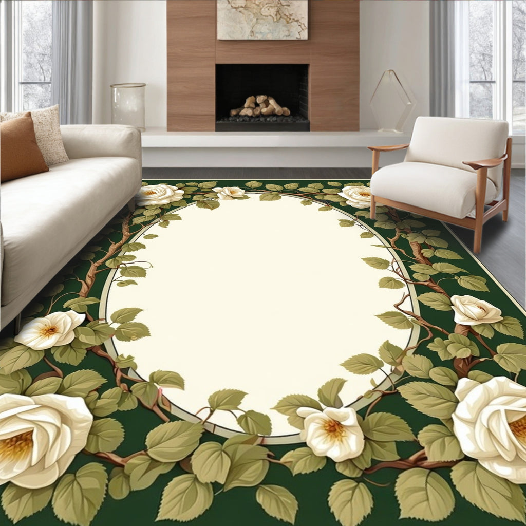 White Rose Vine Botanical Floral Rug