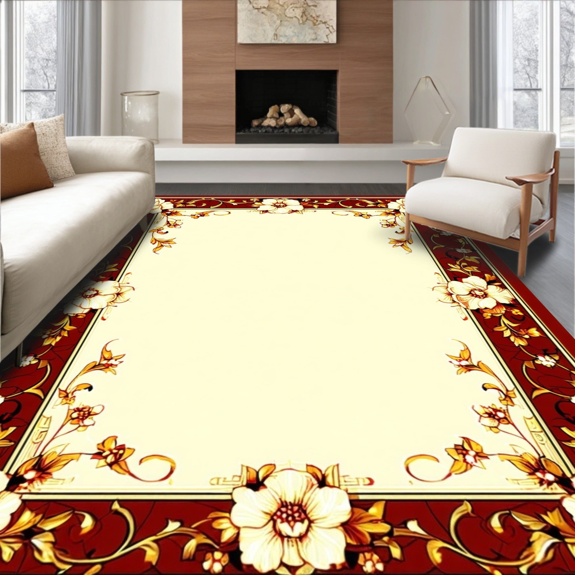 Ornate Floral Border With Golden Accents Rug
