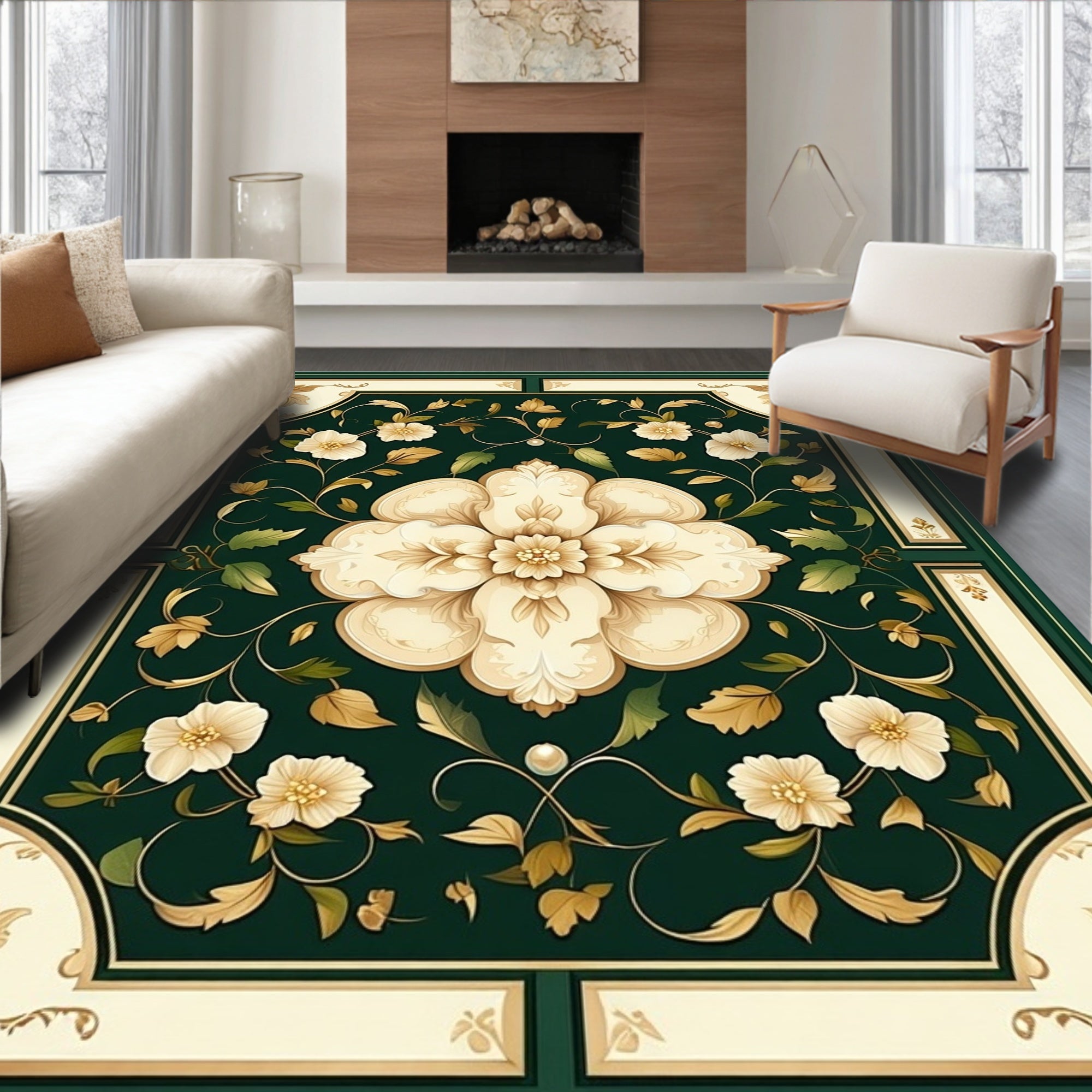 Ornate Cream Floral Patterned Rug