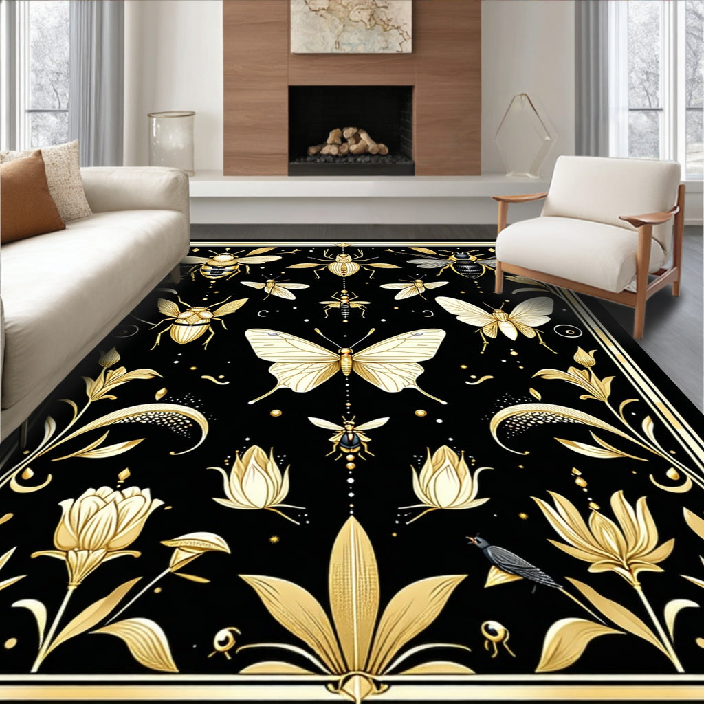 Golden Insects and Floral Art Rug